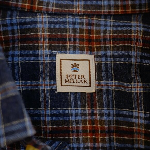 Peter Millar Medium Cotton Plaid Brown Blue Pocket Front Button Down - Picture 8 of 9